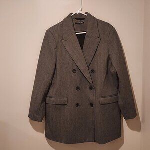 Black Tape brand black herringbone women's oversized, double breasted blazer.